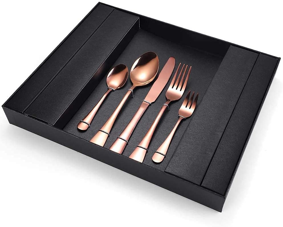 Cutlery Flatware Set of 5, Food Grade Stainless Steel, Mirror Polished, Imitation Wood Handle Design Dinnerware, Tableware for Home, Hotel, Restaurant(Silver-4pcs)