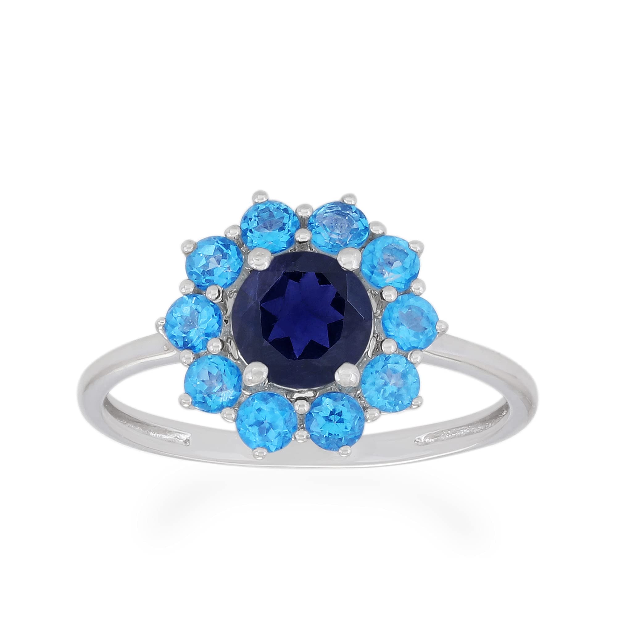 Genuine Iolite with Blue Topaz Floral Style Ring 925 Sterling Silver Rhodium Plated Ring for Women