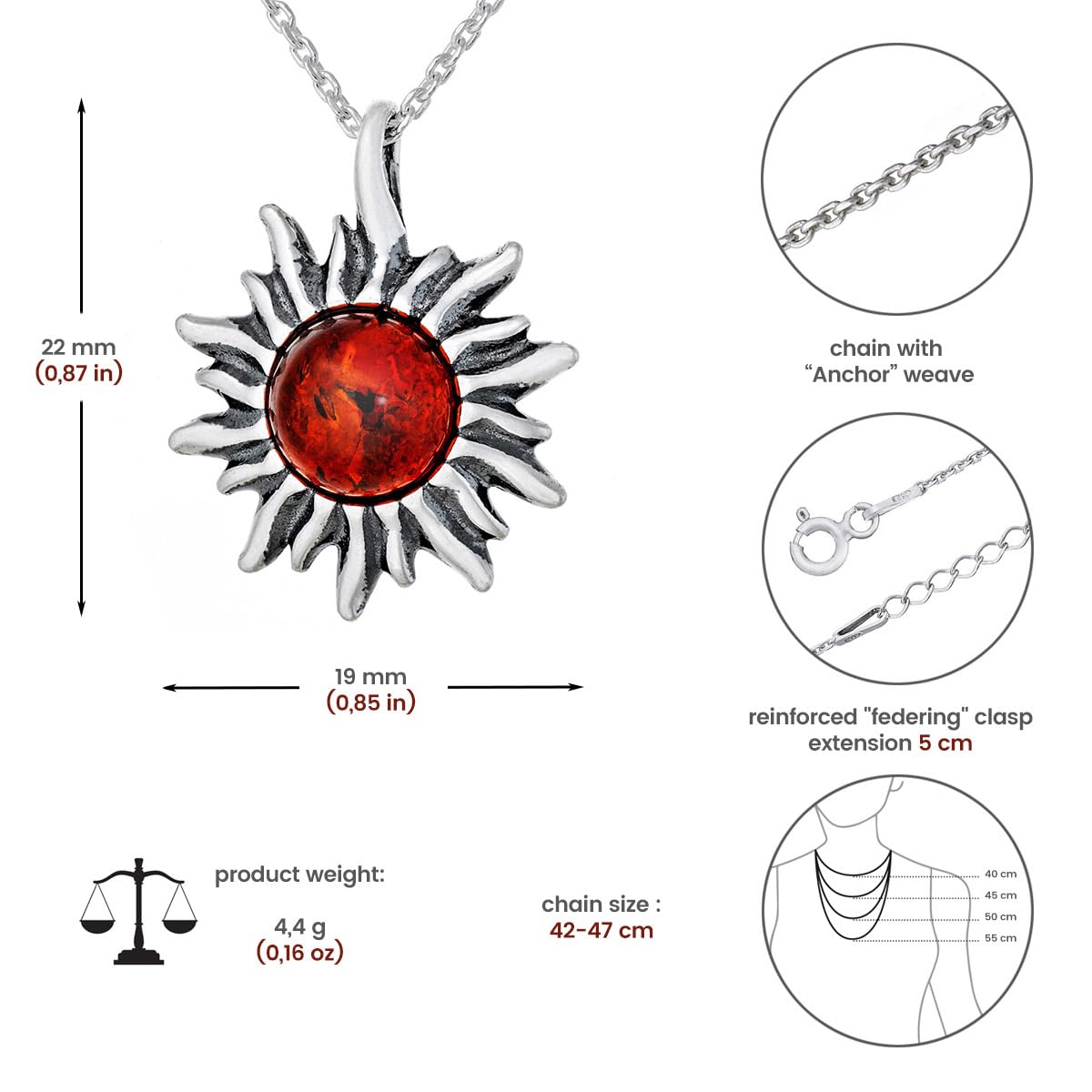 Collana Donna Piccolo Sole Con Ambra, Argento Sterling Ossidato, Ambra Baltica Rotonda Color Cognac, Ciondolo in Argento con Catenella