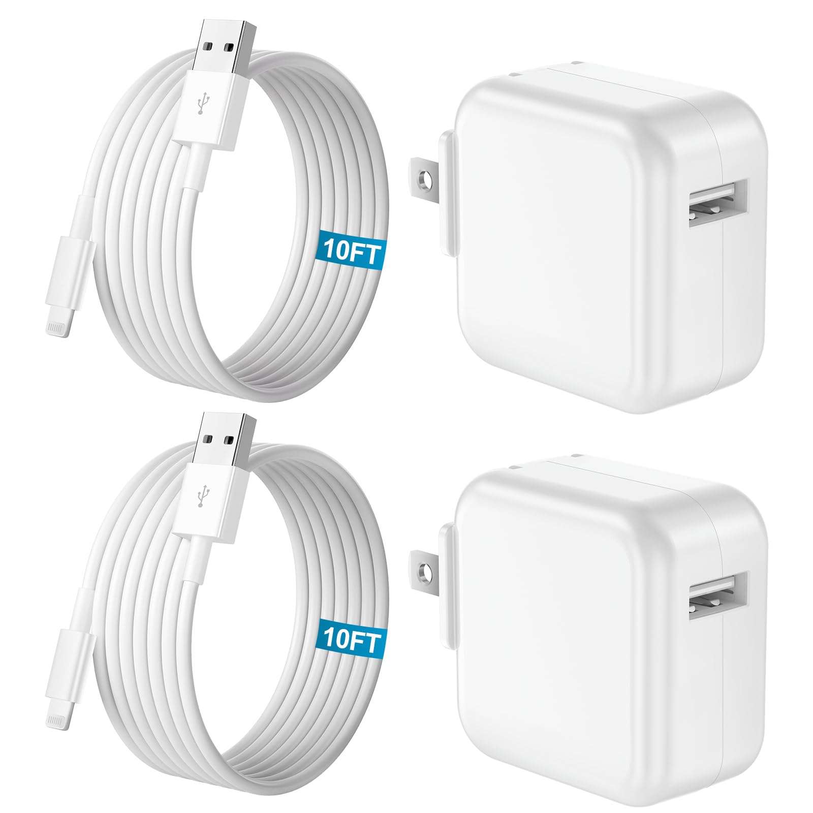 iPad Charger Fast Charging 10FT, 2-Pack 12W USB Charger Block Foldable Plug with 10FT USB Fast Charging Cable for iPhone, iPad 9th/8th/7th/6th/5th/4th Generation, iPad mini 5/4/3/2/1, iPad Air 3/2/1