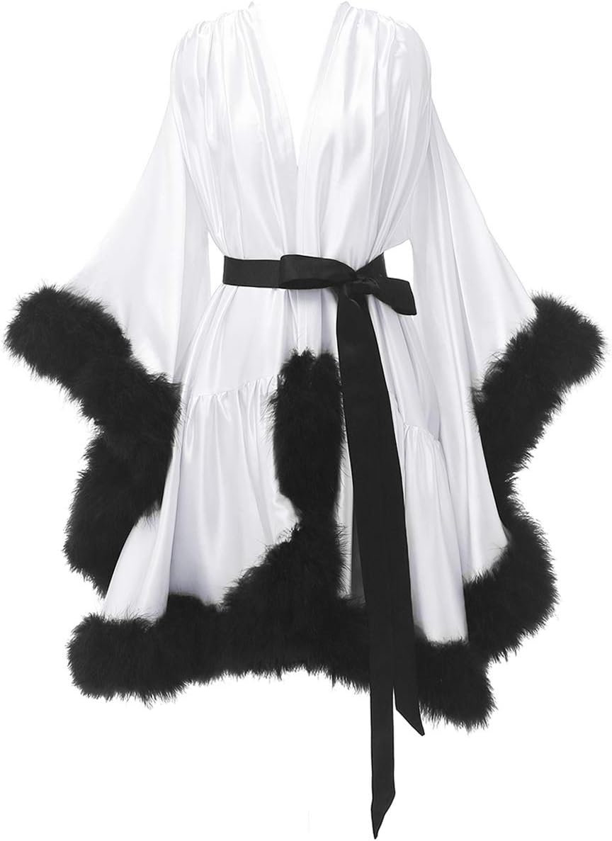 yinyyinhs Women's Feather Robe Silk Satin Bridal Dressing Gowns Short Nightgown Bathrobe Sleepwear Maternity Photoshoot Robe