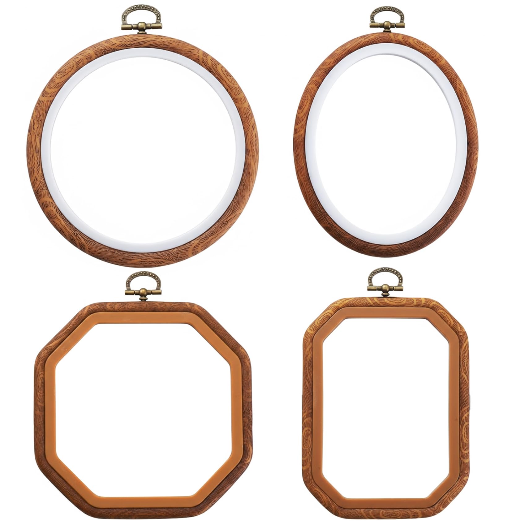 Uanqfegy Brown Wood Grain Embroidery Hoops, Set Of 4 Round Oval Rectangular Octagonal Frames For Sewing & Wall Hanging