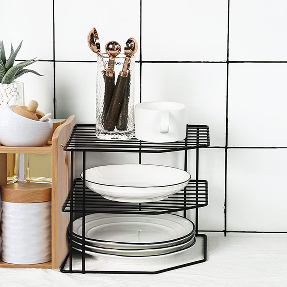 URbazaar 3-Tier Kitchen Corner Shelf Rack - Rust Resistant Steel Metal Wire - Plates, Dishes, Cabinet & Pantry Organizer - Kitchen Countertop Organization