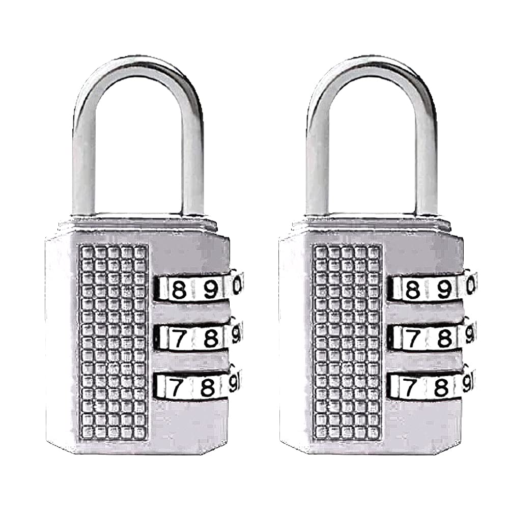 VENEKETYVENEKETY 3 Digit Combination Padlock Black Number Luggage Travel Code Lock - Silver Grey, Pack of 2