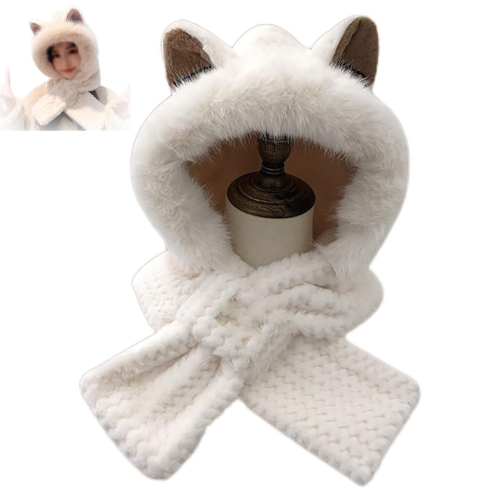 GuYaNa Lindo Sombrero y bufanda con orejas de Zorro 2 en 1, orejas de Zorro 2 en 1 con Capucha de Felpa Suave, Gorro con orejas de Zorro, Gorro con orejas de Zorro (White,One Size)