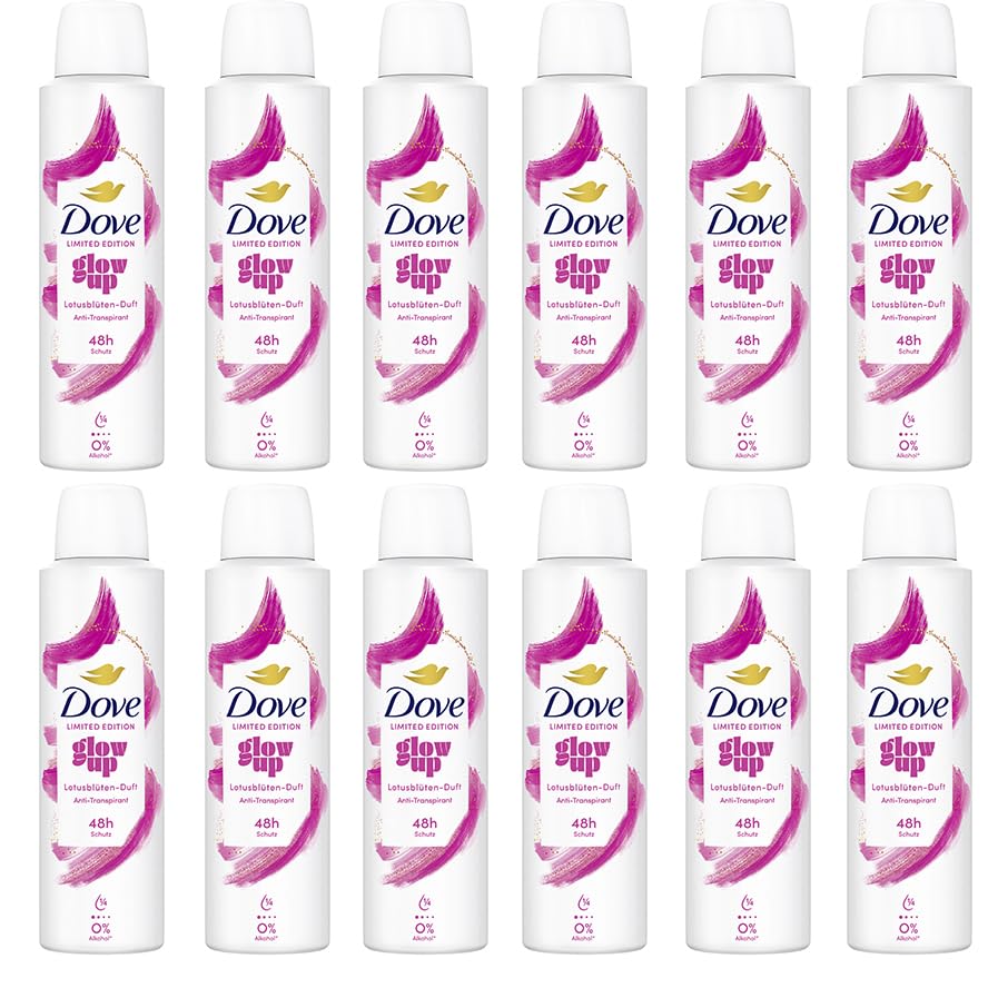 12x Dove Deospray Glow Up Limited Edition Antitranspirant, 0% Alkohol 48 Stunden zuverlässigen Schutz vor Achselnässe & unangenehmem Körpergeruch mit 1/4 Feuchtigkeitscreme,150 ml (12er Pack)