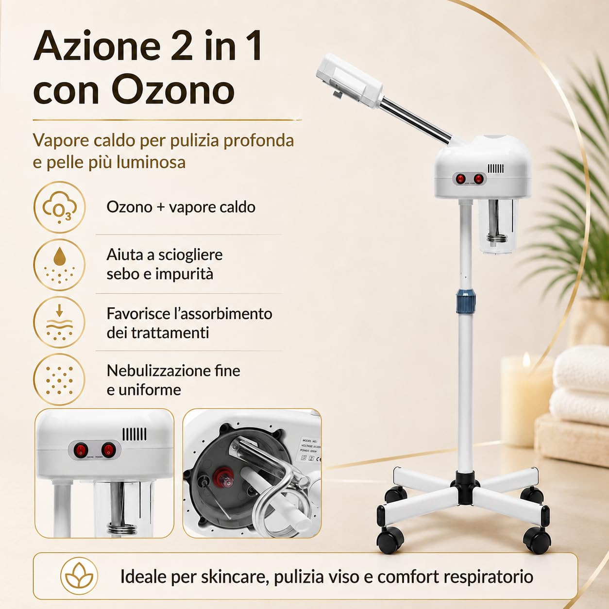 Professionale Vaporizzatore Viso 750 W Vapore di Ozono per Estetica, Spray Denso Sauna Viso Ozono, Profonda Pori Ugello Girevole con Ruote Universali