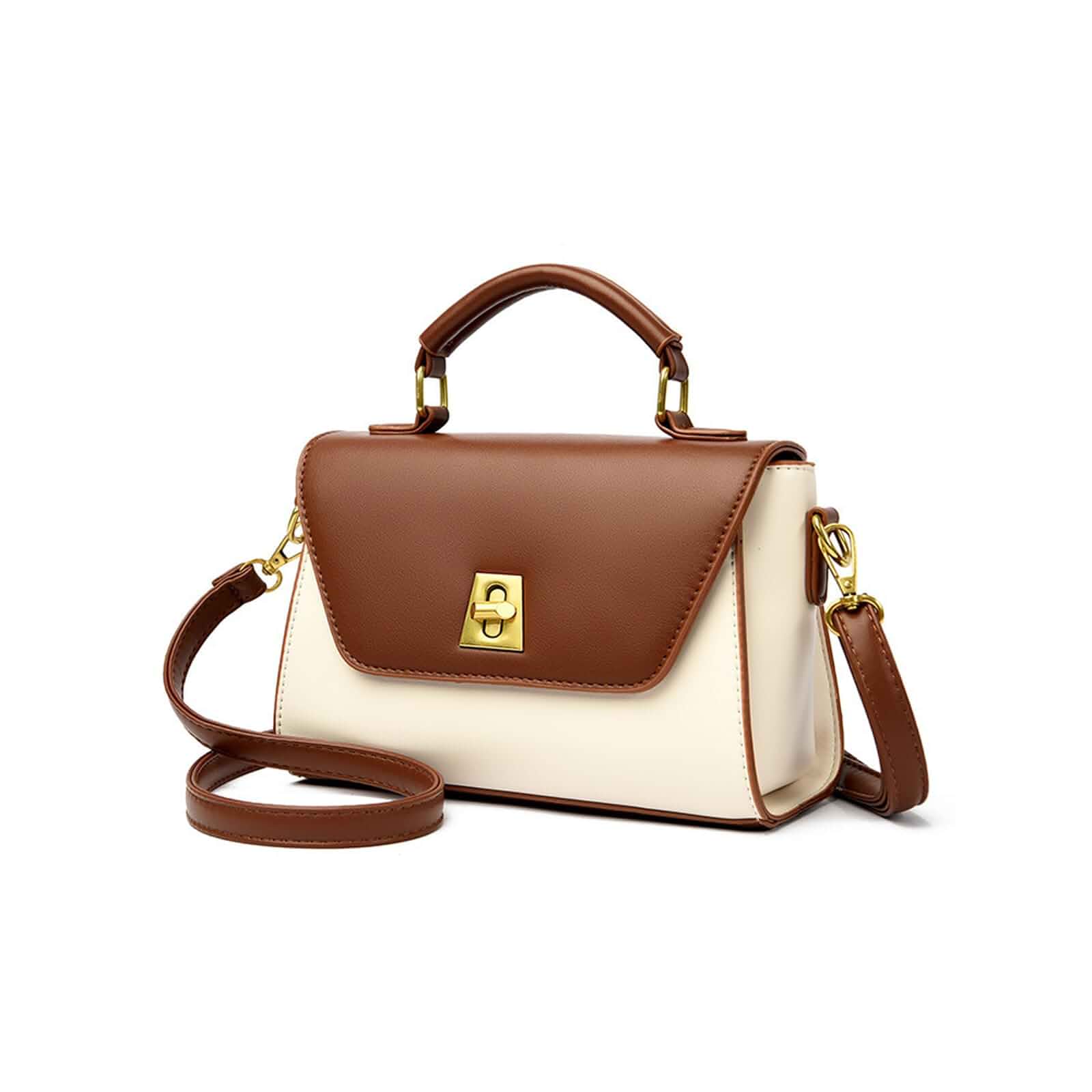 Women's Top Handle Crossbody Bag, Vintage Leather Satchel Handbag with Gold Turn Lock, Small Flap Shoulder Bag for Work