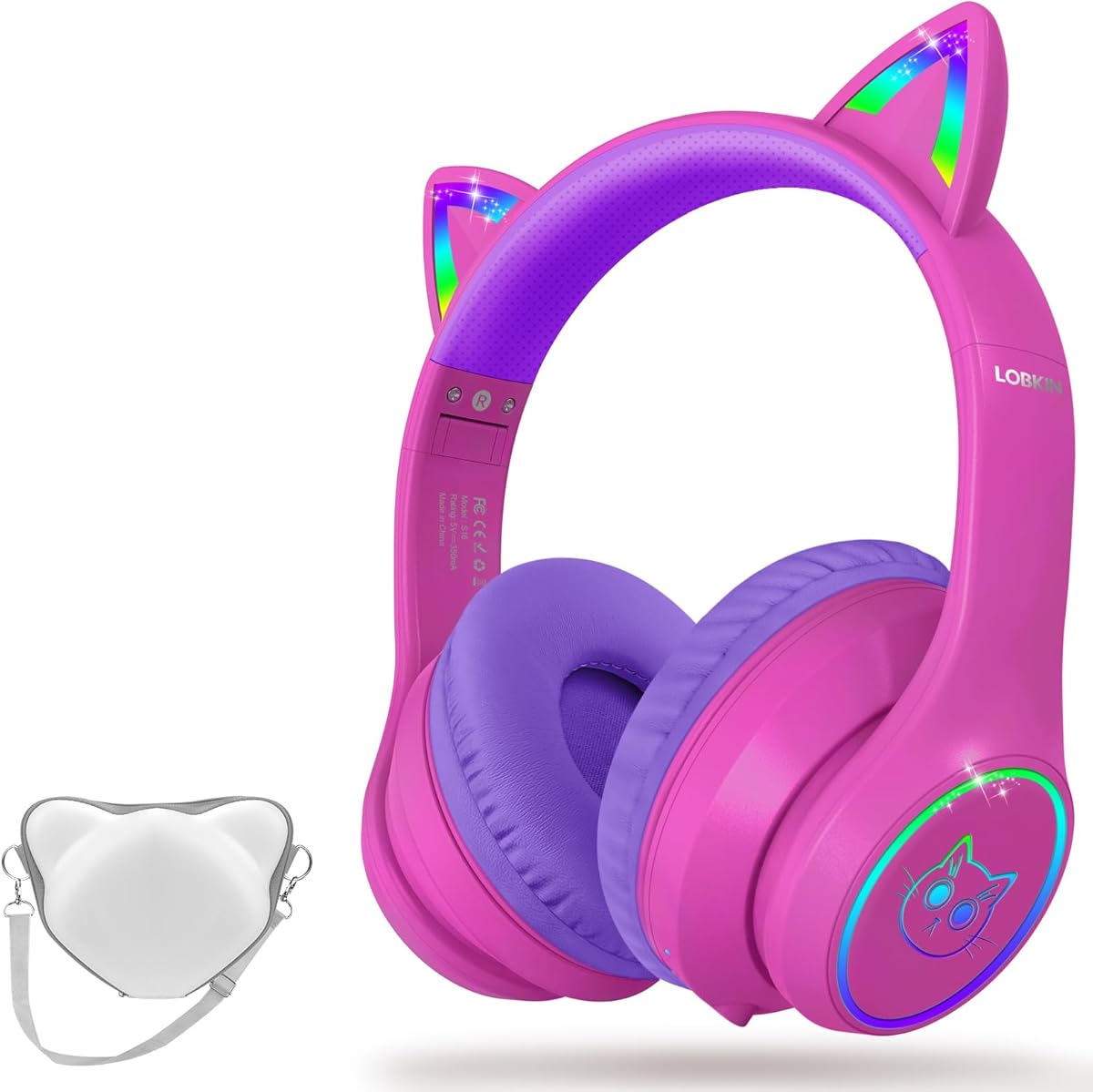 LOBKIN Bluetooth 5.4 Kids Headphones with Case - RGB LED Light Up Cat Ears Foldable Adjustable On-Ear Headset Support Wireless or 3.5mm Wired Mode for Toddler & Girls & Boys Teens (Hot Pink)