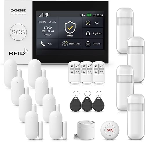 Sistema de alarma para seguridad del hogar, kit de 21 piezas de bricolaje con pantalla táctil Sirena Hub con alarma fuerte, botón SOS, alarmas de