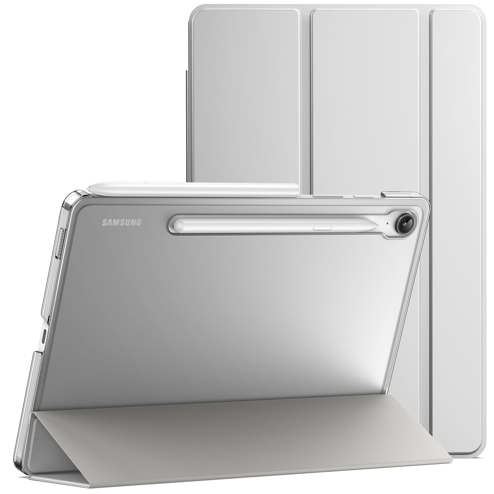 JETech Case for Samsung Galaxy Tab S10 Lite / S10 FE / S9 FE 10.9-Inch, Slim Translucent Back Tri-Fold Stand Protective Tablet Cover, Support S Pen Charging, Auto Wake/Sleep (Silver)