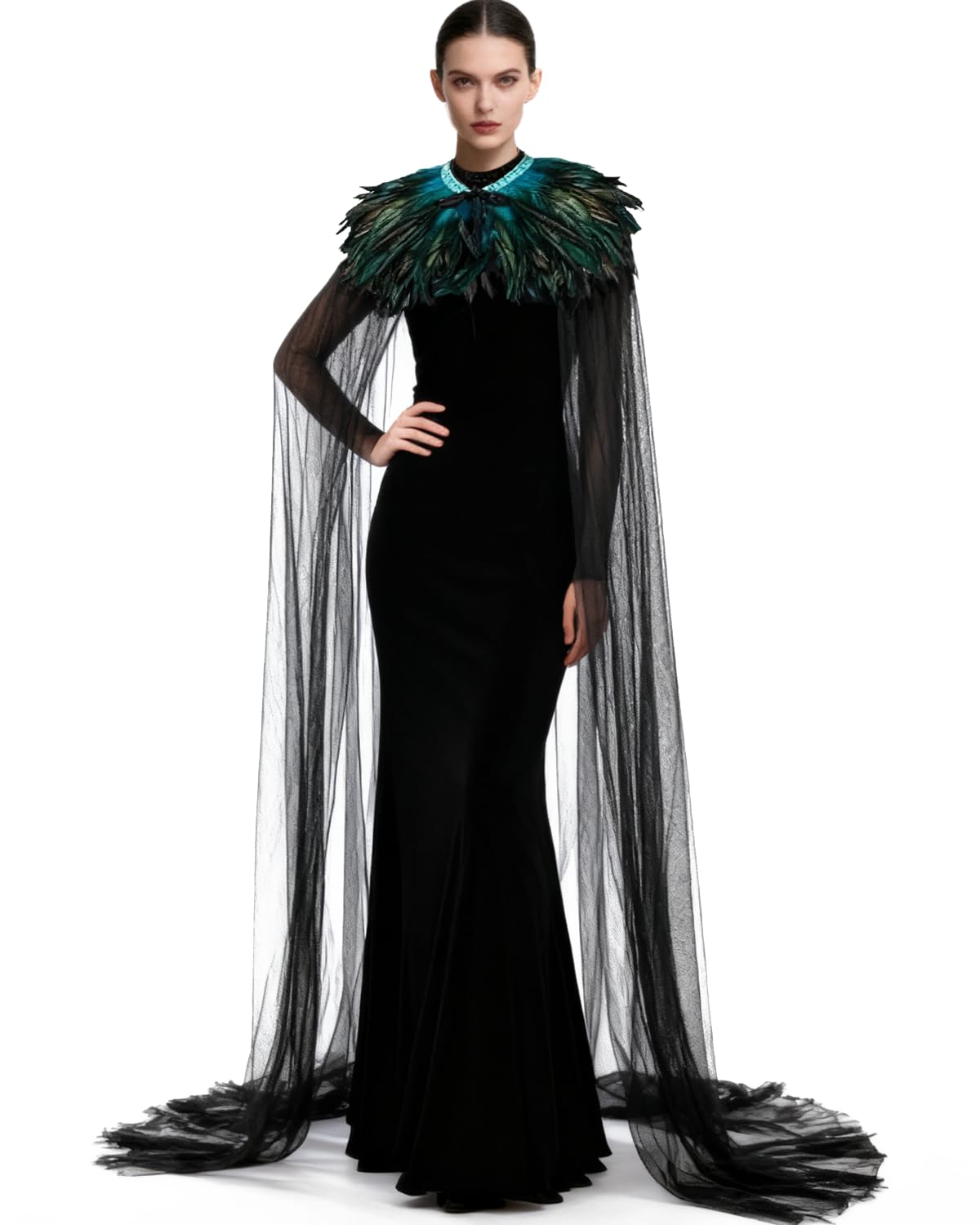 Cape Tulle Noir Avec Châle à Col De Plumes Déguisement Maléfique Halloween Noir