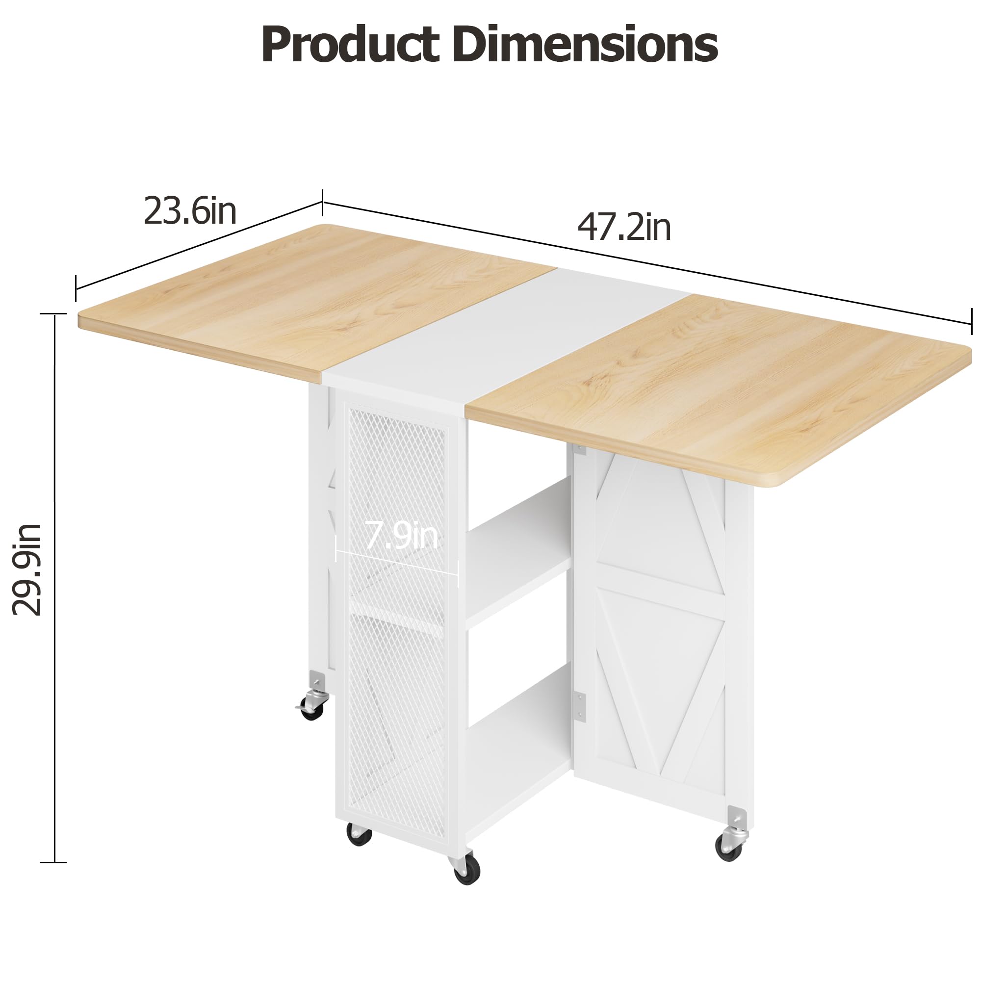 Jocoevol Esstisch Klappbar Küchentisch für 2-4 Personen, Klapptisch mit Trennwand und zweilagigem offenem Regal, Ausziehbar mit Rollen für Küche & Esszimmer, 120x60x76 cm, Ahorn + Weiß