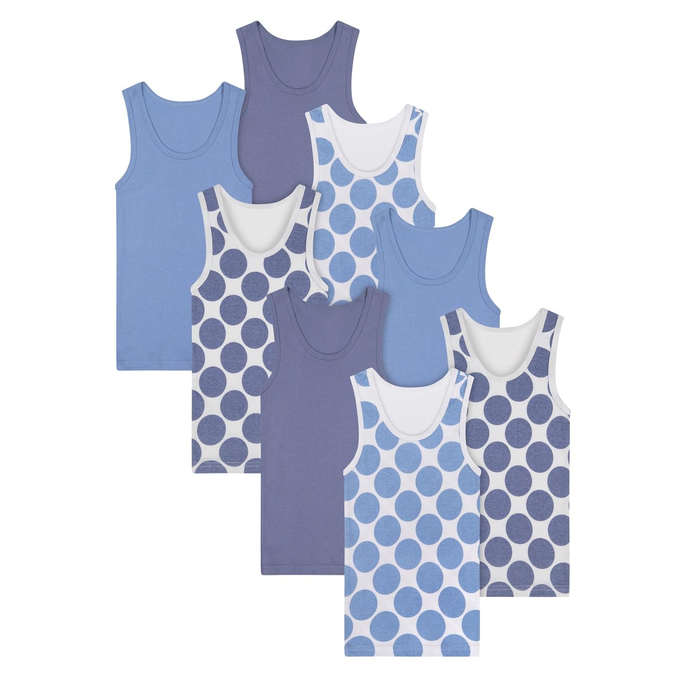 Buyless Fashion Boys U-Ausschnitt Tagless Unterhemden Weiche Baumwolle Blau Polka Dot Tanktop (8er Pack)