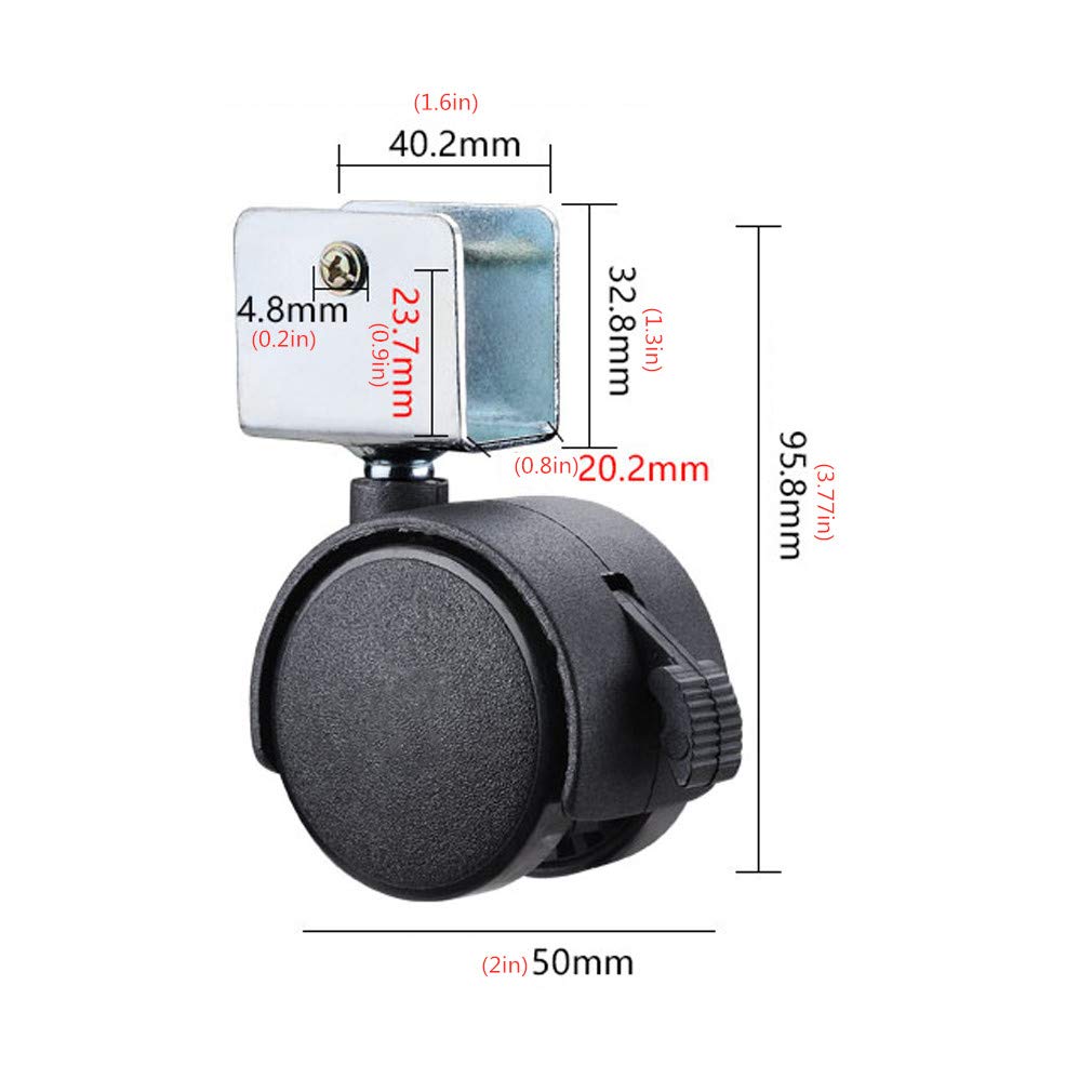 50mm Roulettes de Lit d'enfant,4 Roulettes de Berceau Pivotantes,Roue de Meuble avec Frein,Bébé Lit Accessoires,Double Roue,Charge 70kg,pour Table Basse,Noir,avec Support en U (20mm/0.8in)