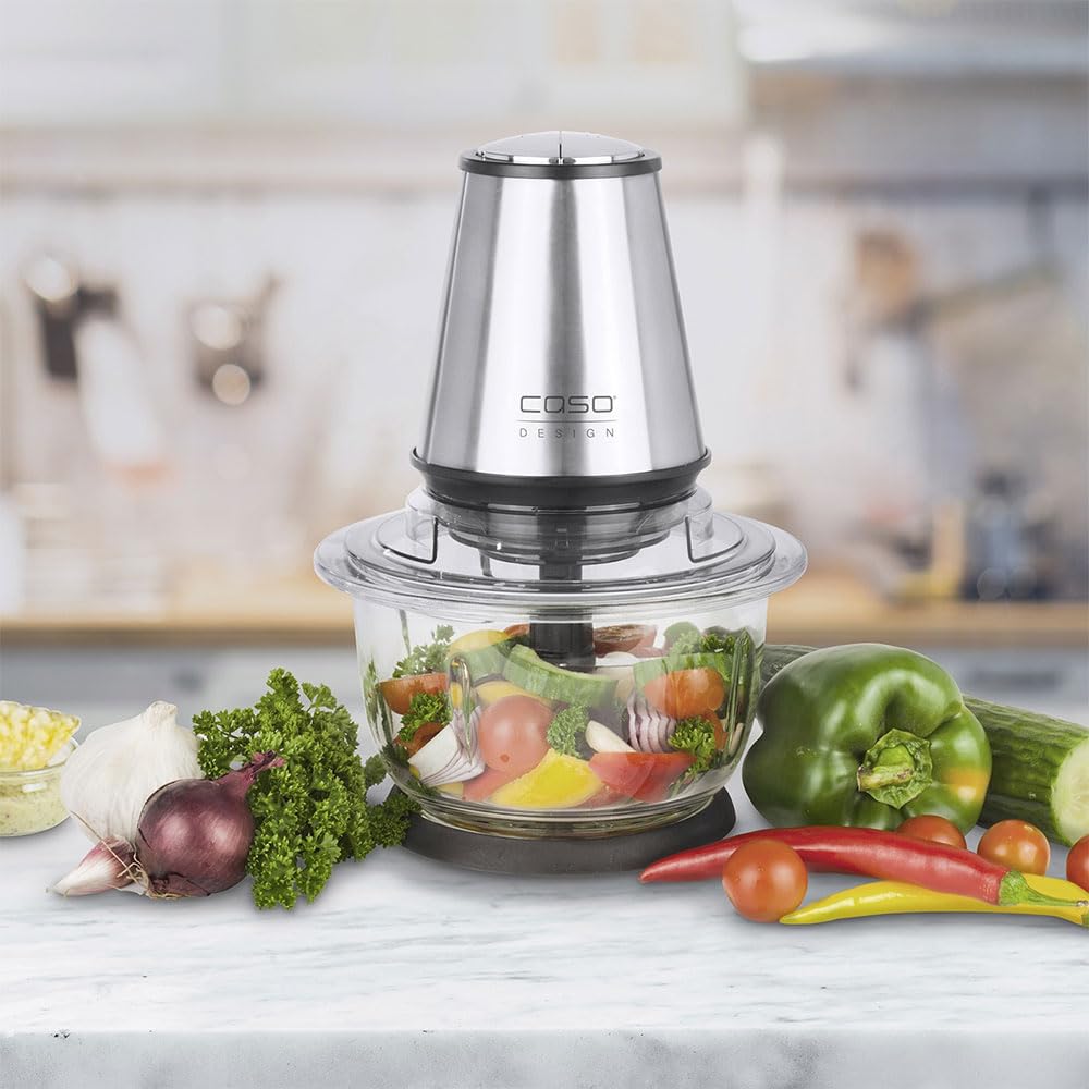 CASO UZ 400 – Tritatutto universale, 4 lame in acciaio inox di alta qualità, resistente contenitore in vetro da 1,2 litri, ideale per tritare frutta, verdura, pesce, carne, noci
