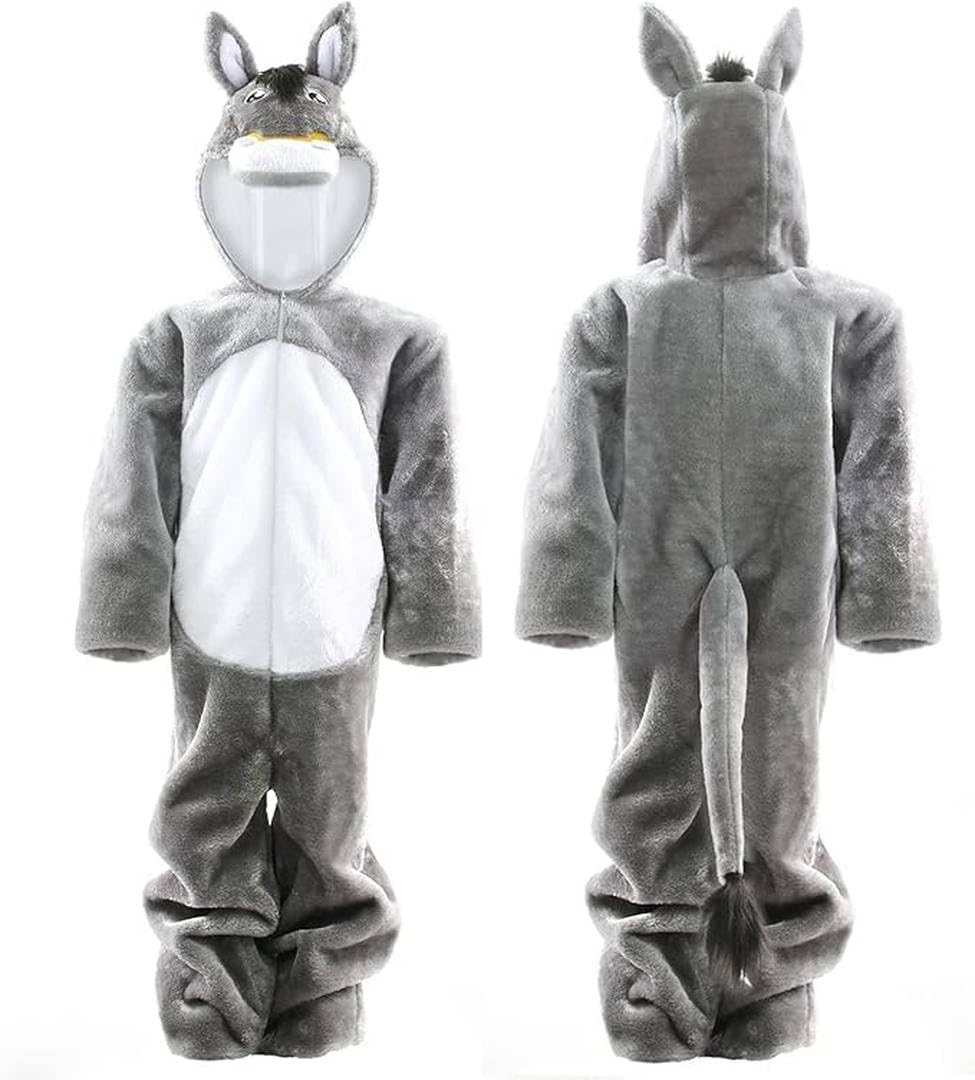 Child’s Nativity Donkey Costume – Grey All-in-One Jumpsuit with Donkey Head Hood – Kids Christmas Nativity Play Fancy Dress Outfit for School Performances, Church Plays and Festive Dress-Up