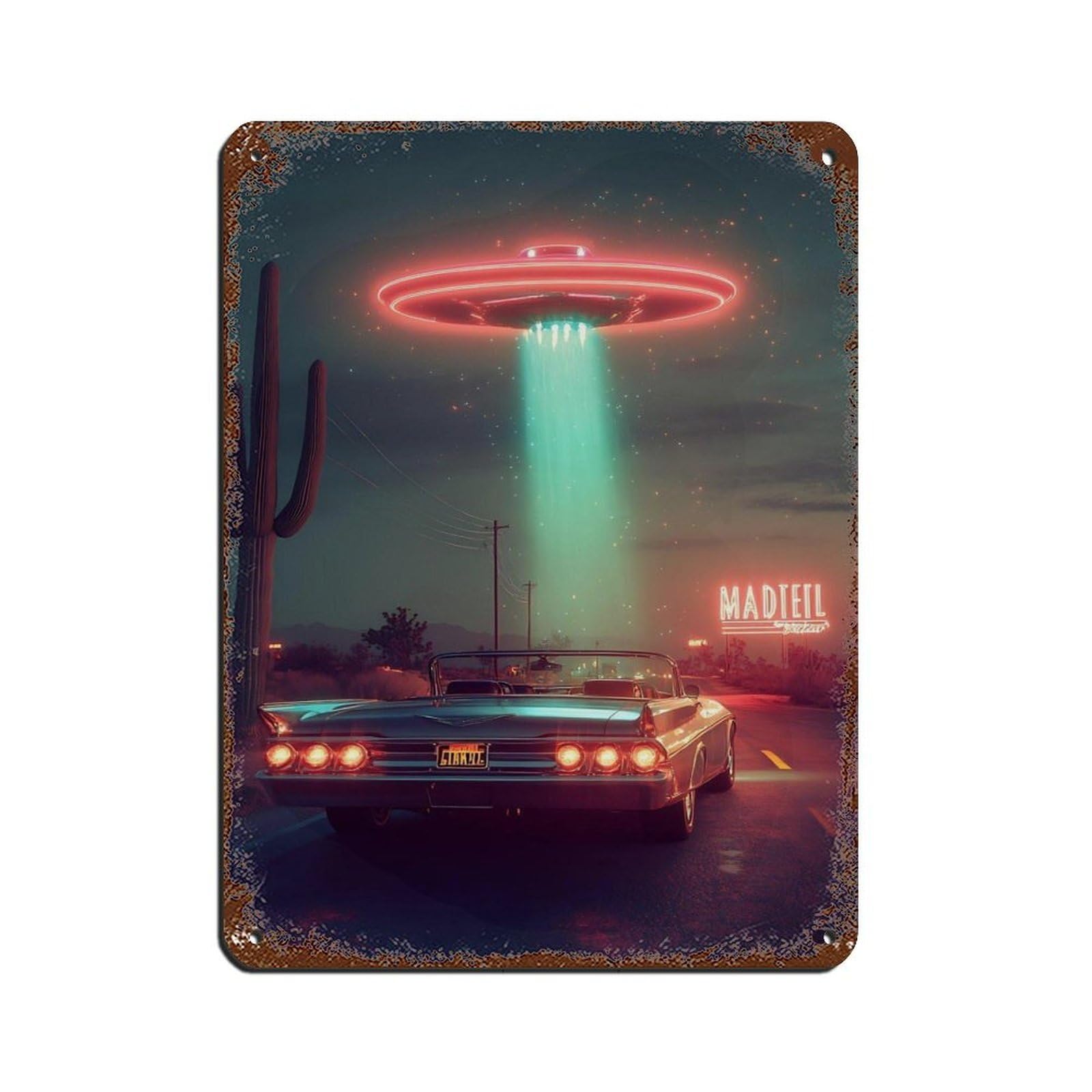 Vintage Car And UFO Neon Night Scene Tin Sign Vintage Metal Pub Club Cafe Bar Home Wall Art Decoration Poster Retro 12x16inch(30x40cm)