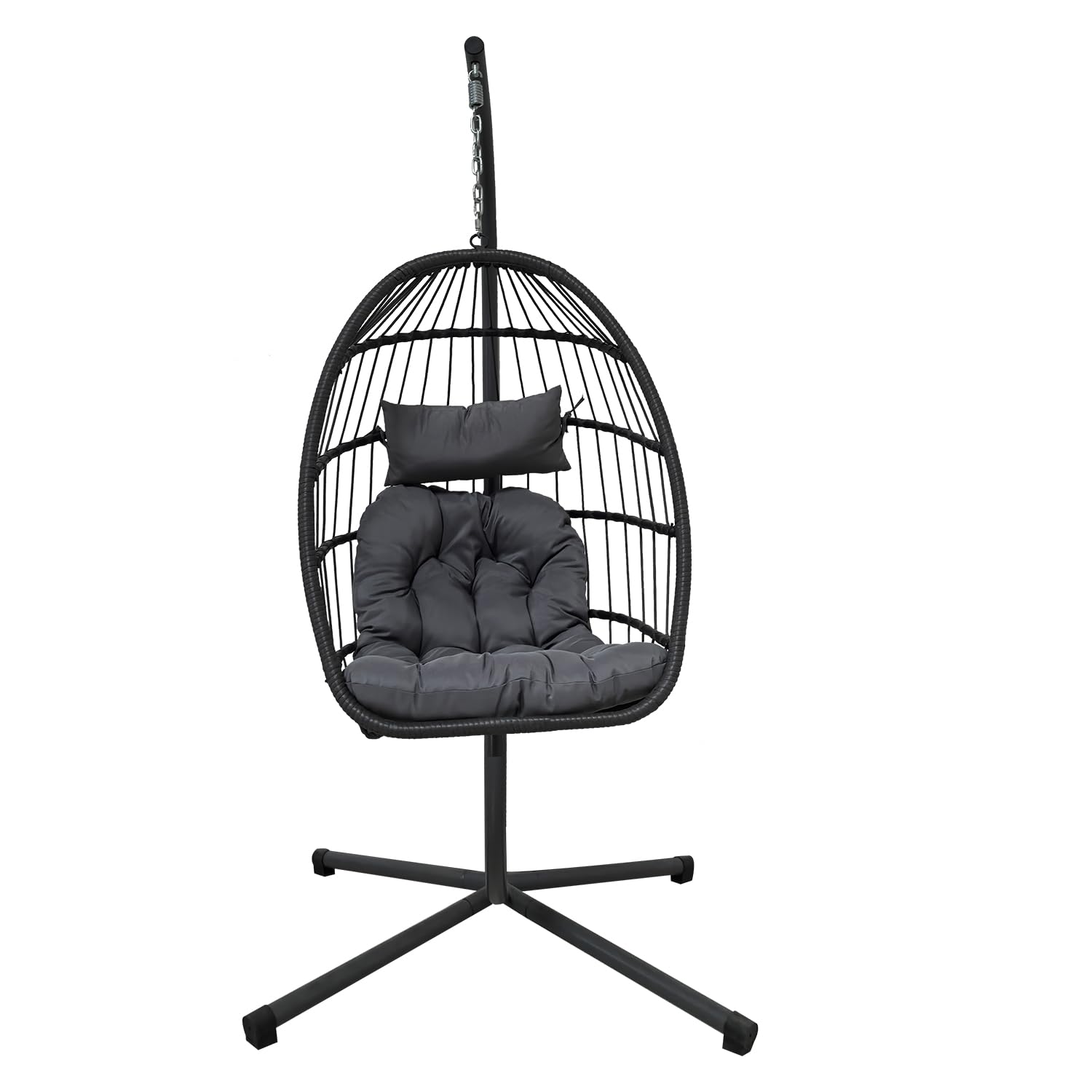 Foldable Rattan Egg Chair with Stand, Hanging Hammock Chair with Removable Cushion, Weather-Resistant Wicker for Patio Garden Indoor Outdoor Use (Grey Ratten Hanging Chair with Dark Grey Cushion)
