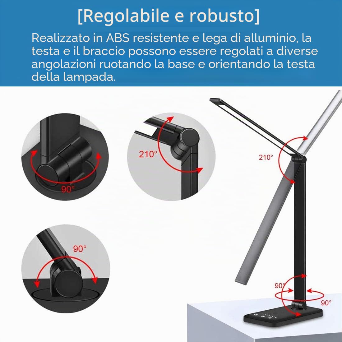 Lampada da Scrivania a LED, Lampada da Tavolo Dimmerabile con Porta USB, Luce Pieghevole Touch Control 5 Livelli di Luminosità 5 Modalità Memoria Sensibilità Tattile, per Lettura Lavoro Ufficio, Nera