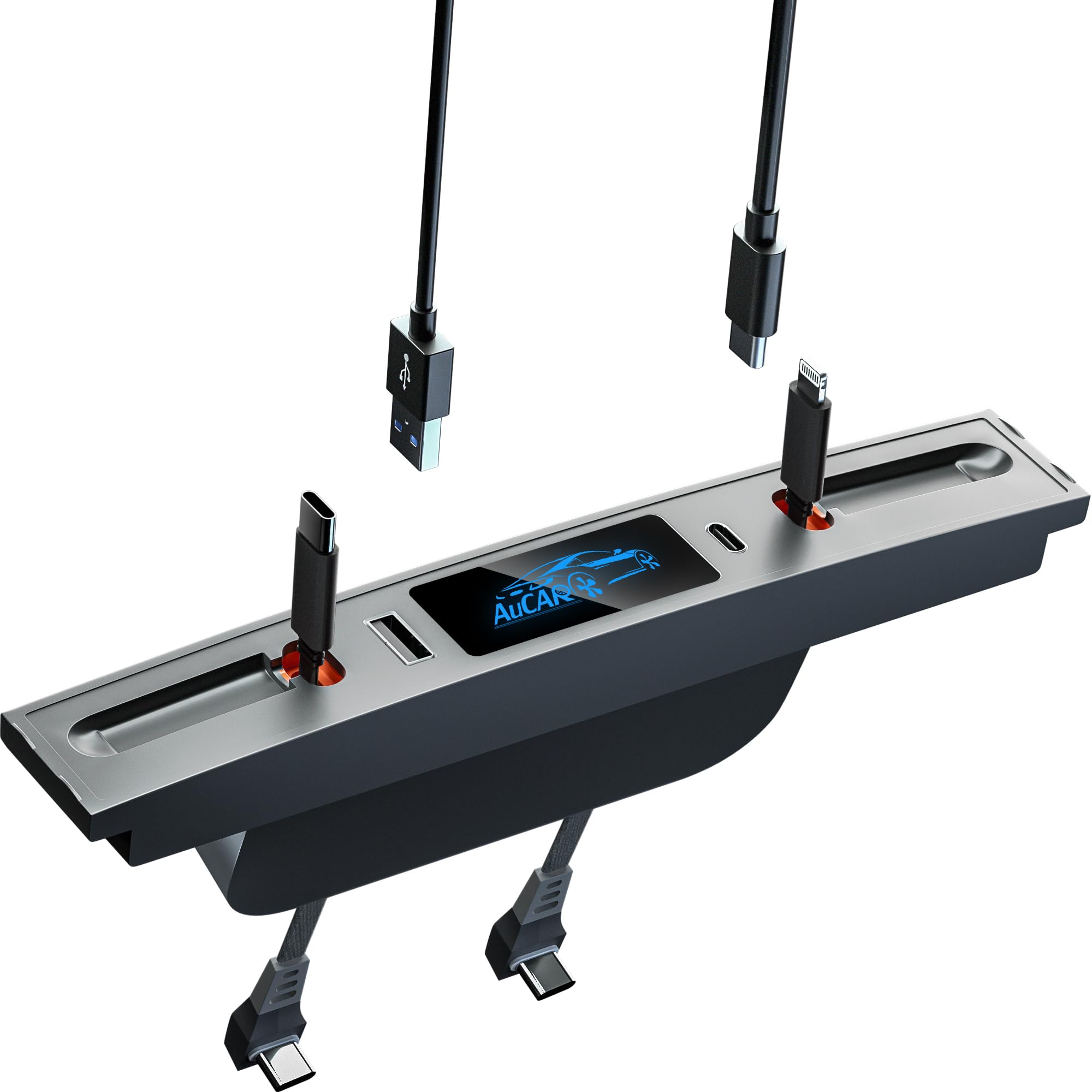 4-Port USB C Hub Car Charger for Tesla Model 3 Model Y 2023-2021 Center Console, 2.6FT Retractable Cable PD27W & QC3.0 18W Fast Car Phone Charger for iPhone, iPad, MacBook, Galaxy, Pixel