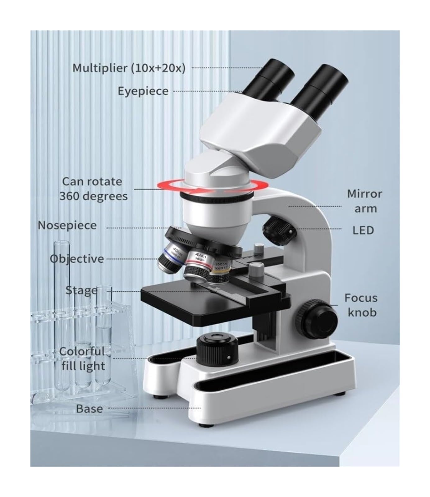 Microscopio compuesto estereoscópico binocular con aumento de 40-1600X, ideal for niños, estudiantes y educación en el hogar.