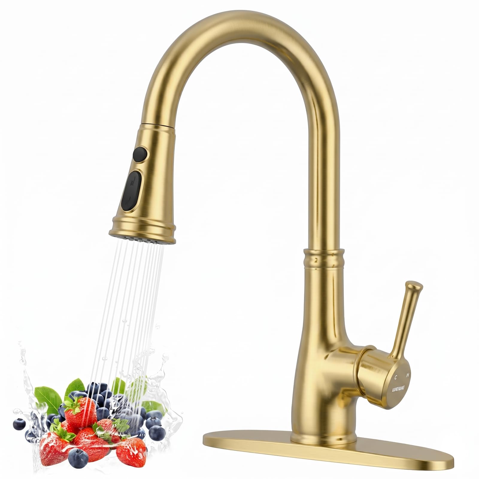 WEWE Vintage Kitchen Faucet, Pull-Down Sprayer, Brushed Gold, High Arc