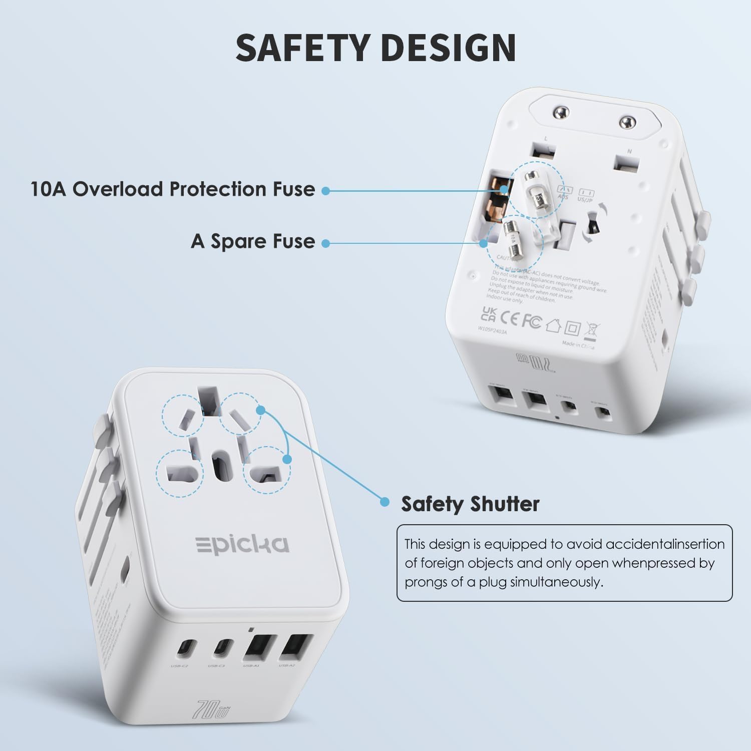 EPICKA Adapter Podróżny Uniwersalny, GaN Uniwersalna Wtyczka Podróżna 70W PD Szybka Ładowarka, Adapter Podróżny z 3 USB-C, 2 USB-A, Międzynarodowy Adapter Gniazdkowy do DE USA UK Japonia Tajlandia