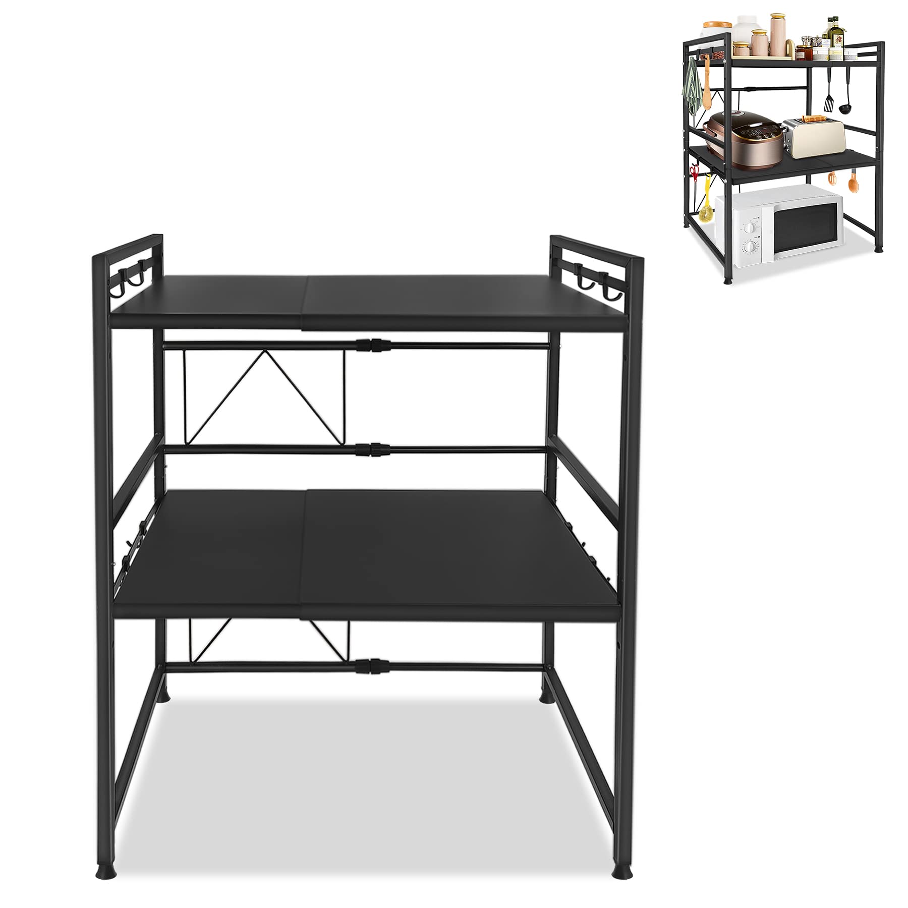 Froadp - Estante de microondas extensible de 3 niveles con 8 ganchos de metal - Soporte de almacenamiento para cocina