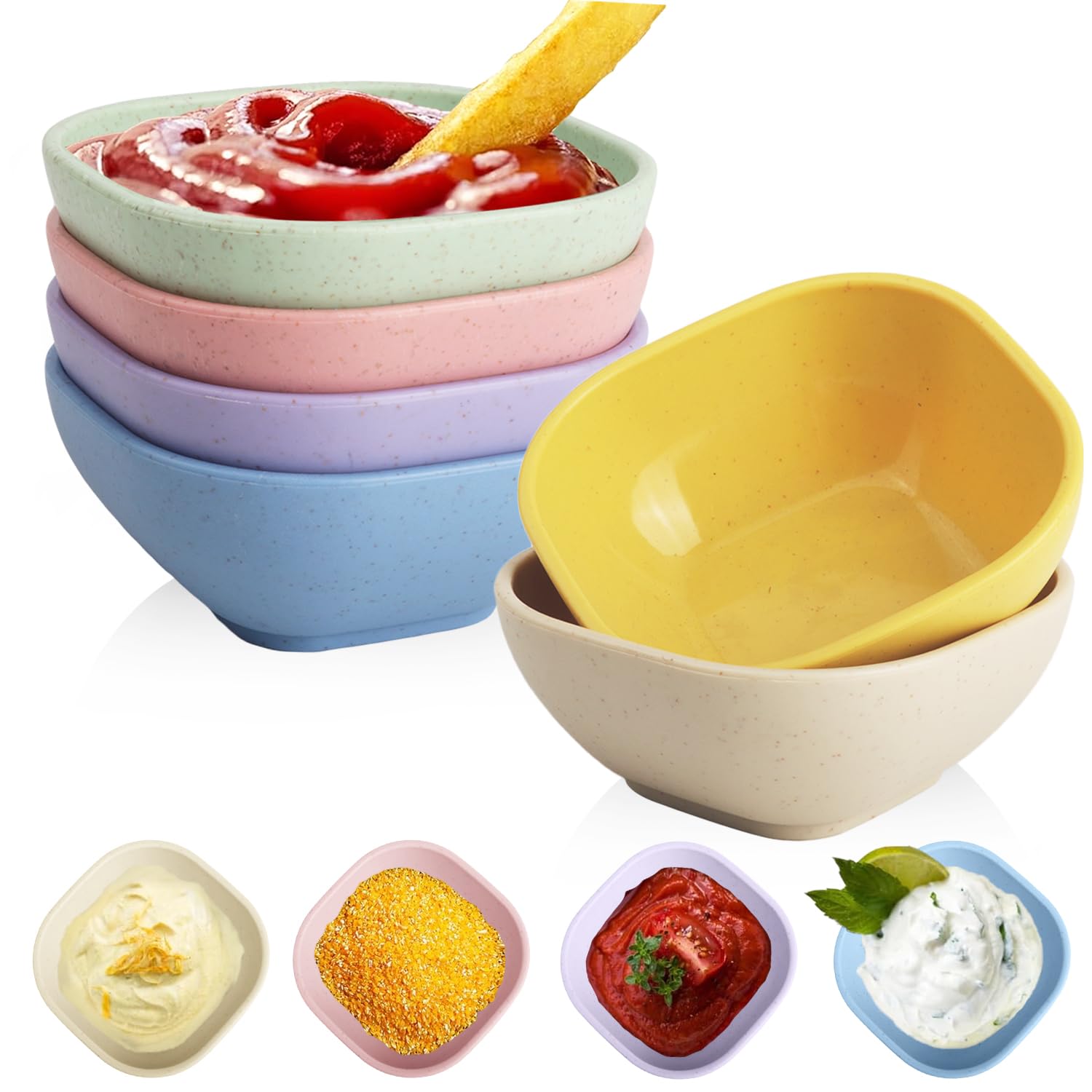 Wrova Reusable Small Dipping Bowls 5 OZ - Set of 6 Unbreakable Mini Plastic Bowls Microwave and Dishwasher Safe Dip Bowls for Soy Sauce Dish, Ketchup, Condiment - Colorful