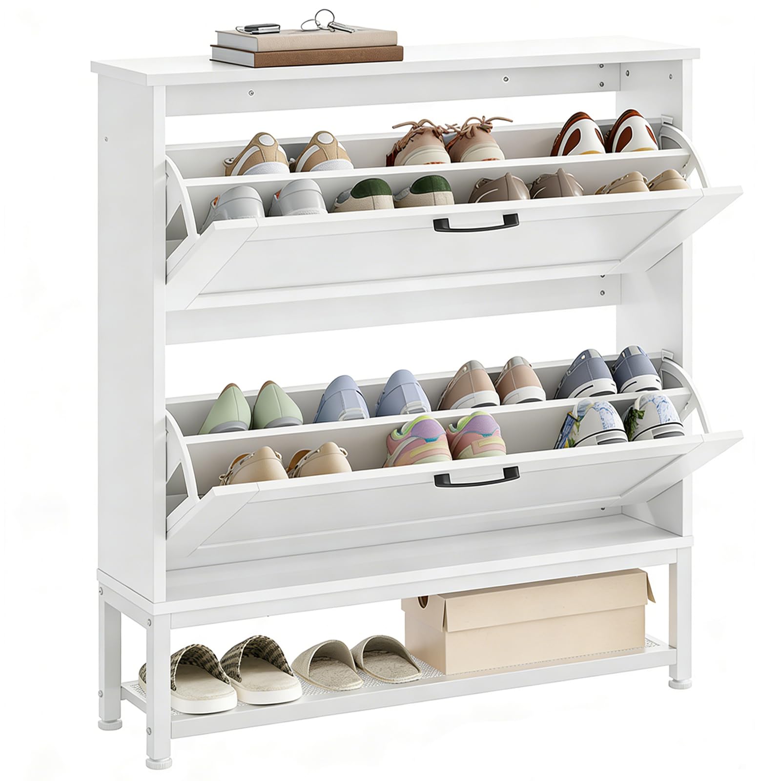 HOOBRO Zapatero Estrecho, Zapatero con Cajones Abatibles, Estilo Rústico | Dos Cajones Abatibles y Rejilla, 80 x 24 x 103 cm, Zapatero Estrecho para Recibidor, Vestíbulo, Sala o Vestidor, Blanco