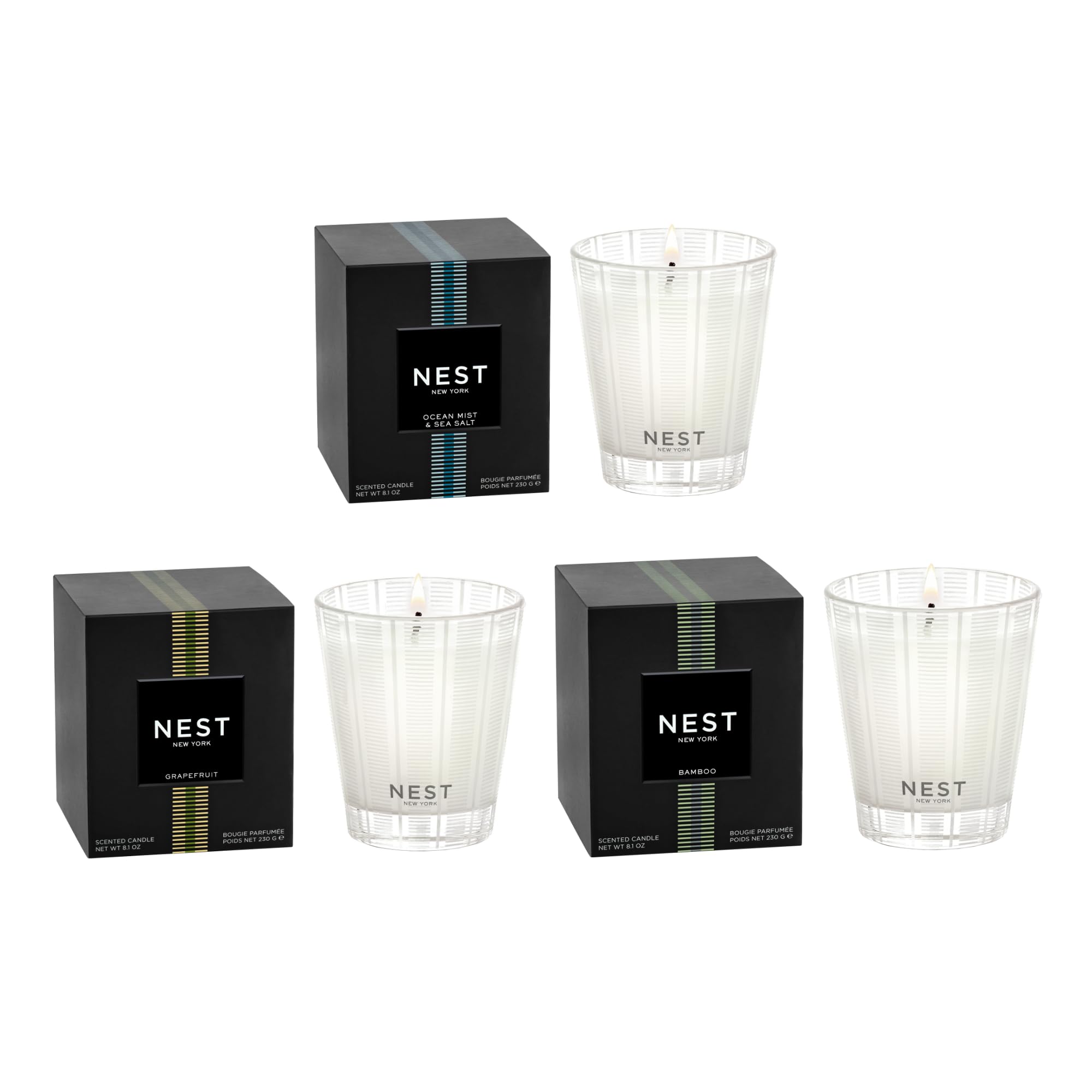 NEST New York Trío de velas clásicas perfumadas: bambú, pomelo, niebla oceánica y sal marina