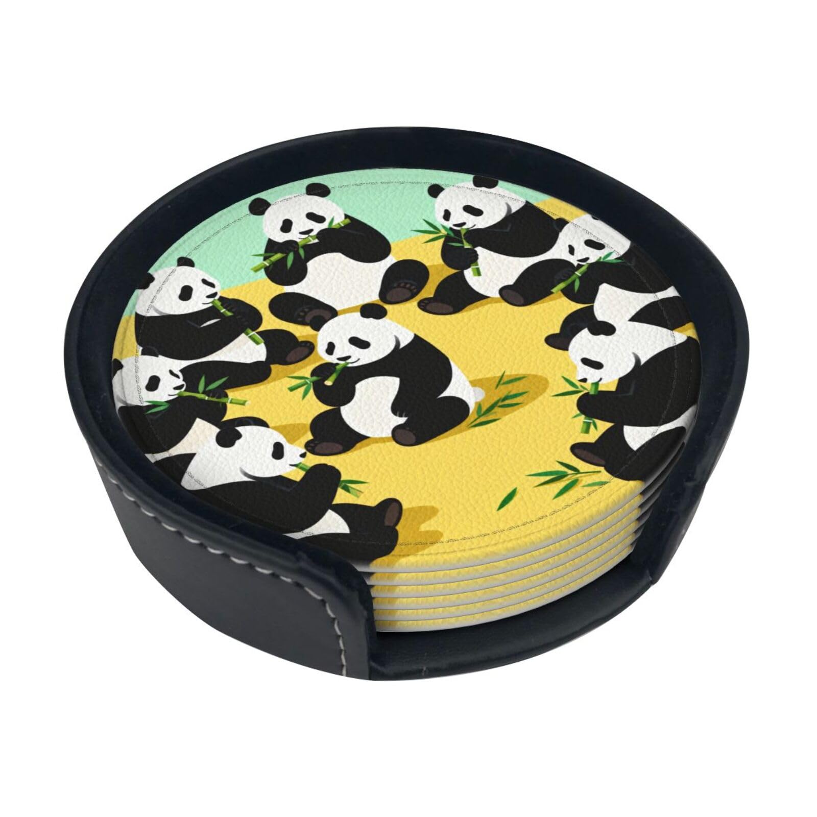 Cntdbu White Pandas That Eat Bamboo Leather Coasters Set Of 6-Pu Leather Drink Mats For Table, Heat Resistant Round Coasters With Holder