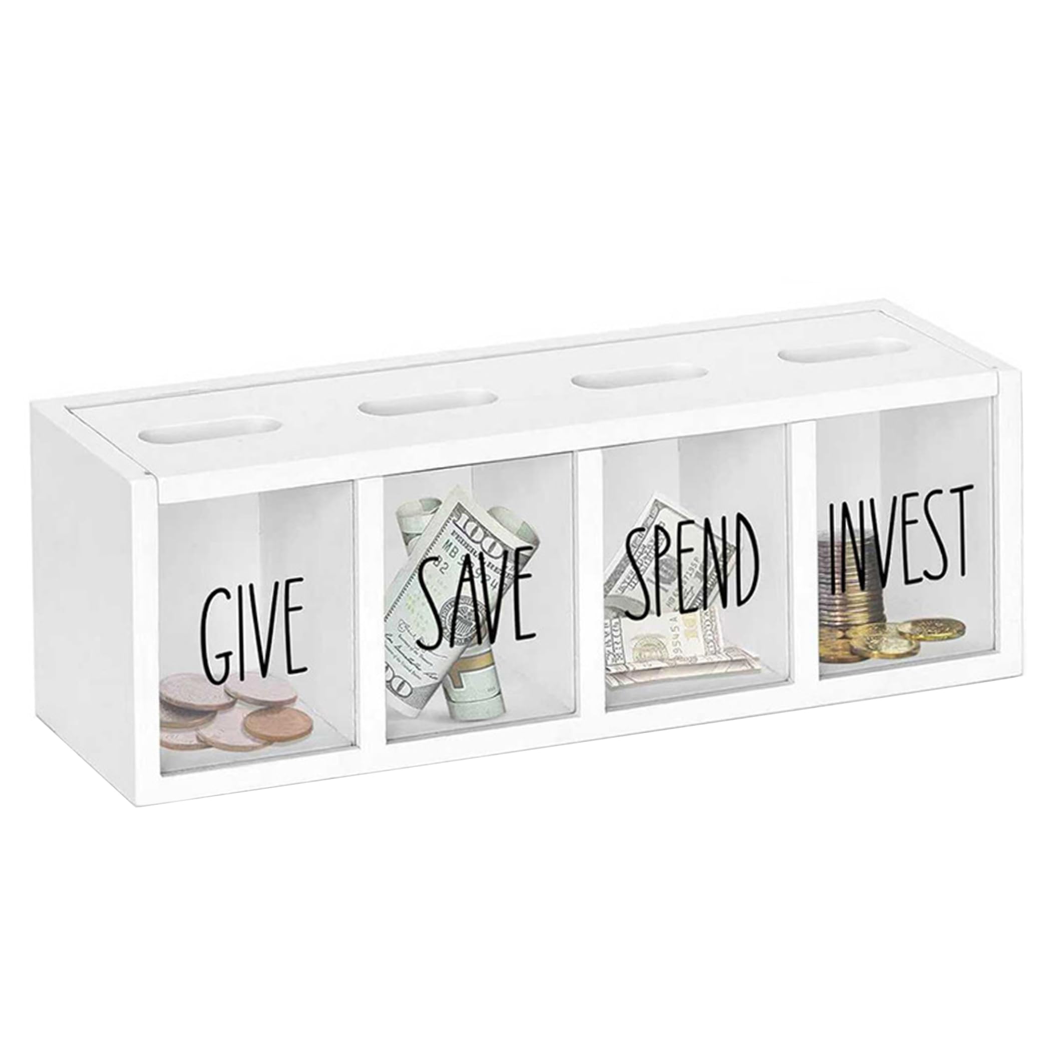Bemonew Save Spend Give Bank For Kids, Wooden Money Saving Box With Visual Compartments, 12.9x4.3x3.5 inch Wall-mounted Montessori Coin Box, White