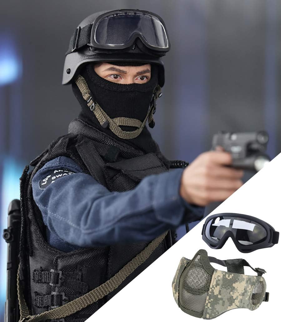 Airsoft Mask with Goggles, Foldable Half Face Airsoft Mesh Mask with Ear Protection for Paintball Shooting Cosplay CS Game (ACU&Black) : Sports & Outdoors