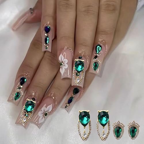 Miniatura 4 de 10 dijes de uñas 3D de cristal esmeralda, diamantes de imitación y gemas doradas, joyas de metal de lujo, dijes de uñas de aleación brillante para