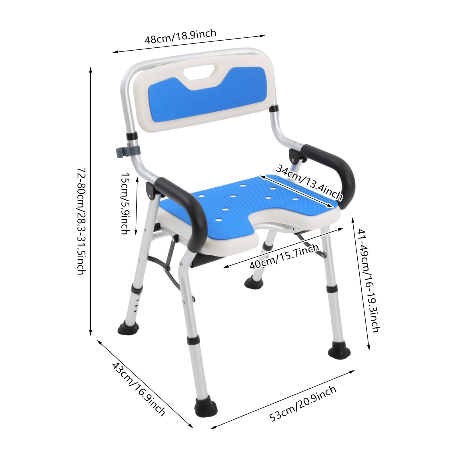 Silla de ducha para personas mayores, altura regulable, taburete de ducha hasta 150 kg, 40 x 34 cm | Silla de baño plegable con agujeros de drenaje y soporte de cabezal de ducha plástico, aleación de aluminio