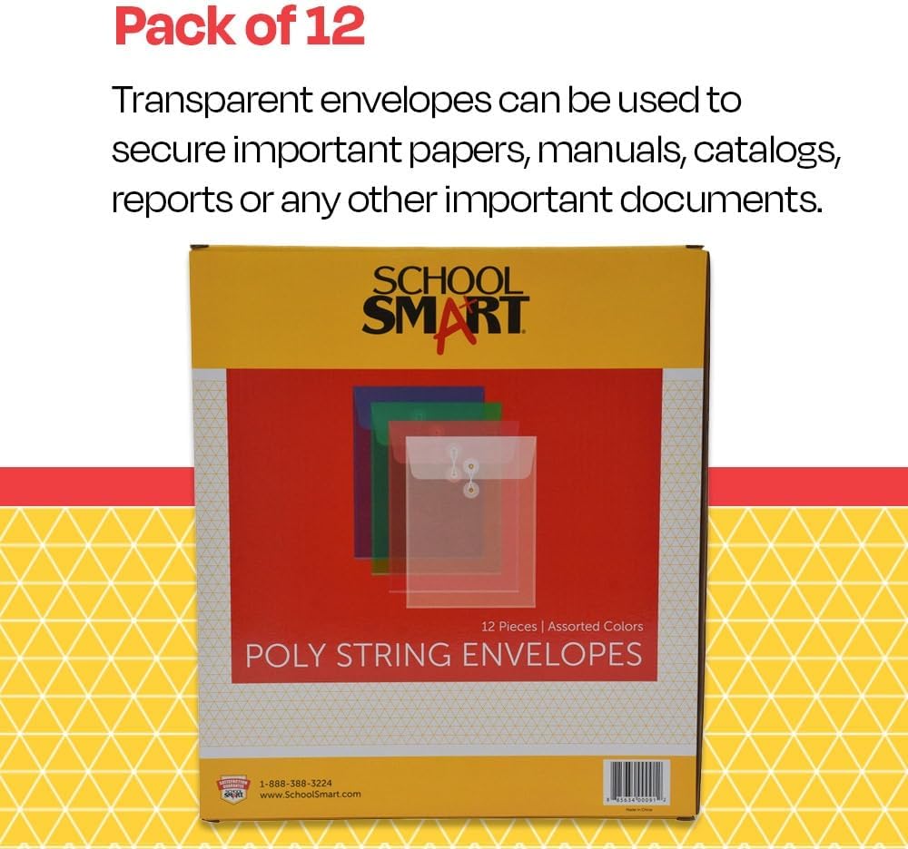 School Smart Expanding Poly String Envelopes, Letter Size, Top Load, Assorted Colors, Pack of 12