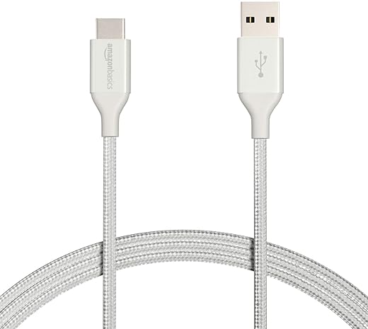 Amazon Basics Double Braided Nylon USB Type-C to Type-A 2.0 Male Cable for Laptop, 6 feet (Silver)