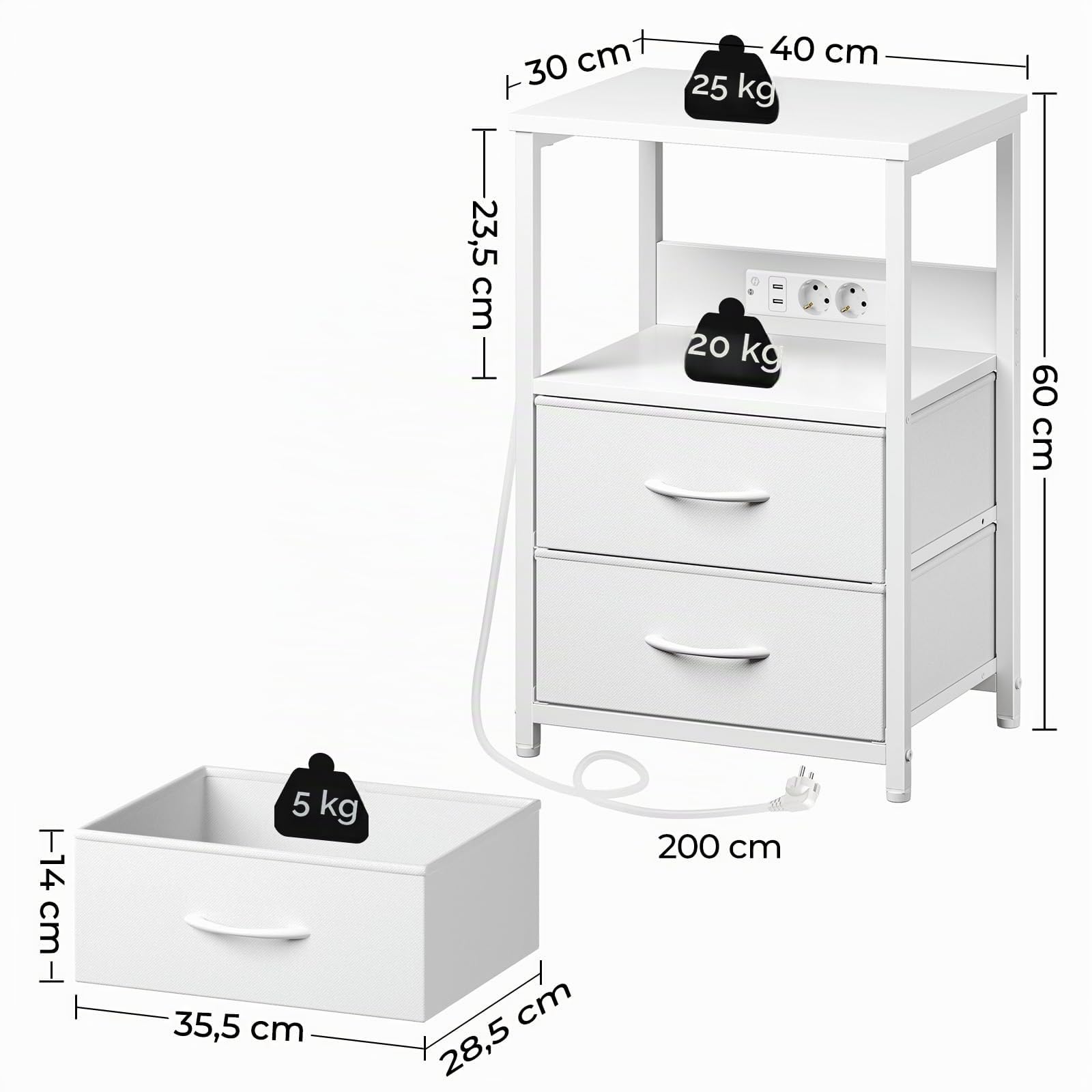Rolanstar Table de Chevet Moderne avec LED, Prise et USB, 2 Tiroirs de Rangement, Table de Nuit Idéale pour Chambre, Salon ou Bureau – Blanc, 1 Pièce