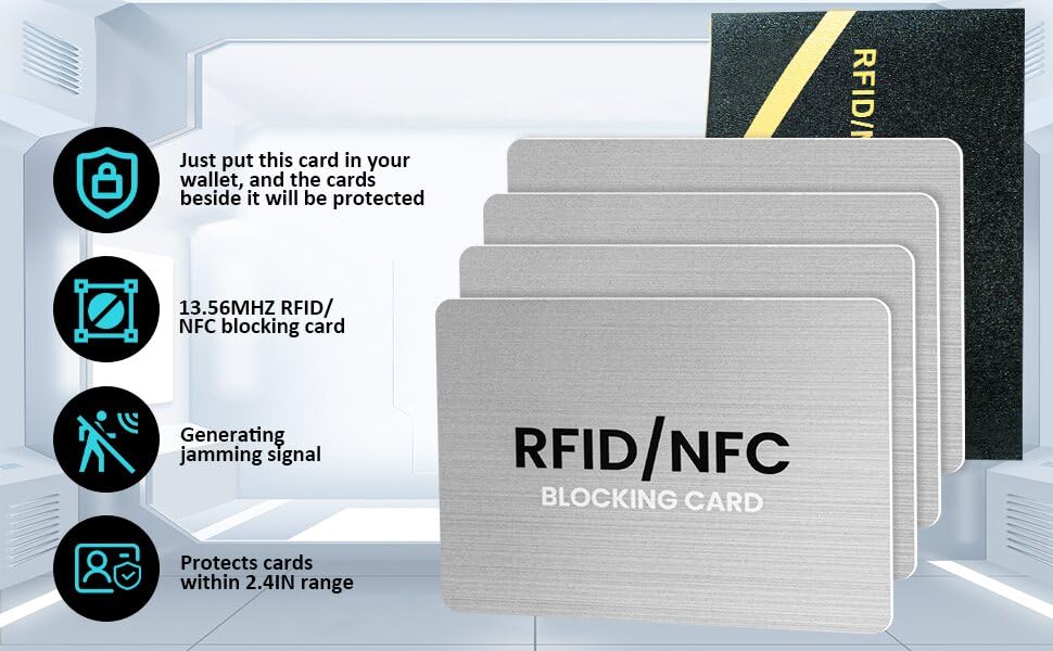 RFID Blocking Cards, Premium Contactless NFC Debit Credit Card & Passport Protector Blocker Set for Men & Women - Smart Slim Design One Card Protects Entire Wallet/Purse Safe -Silver 4 pack4