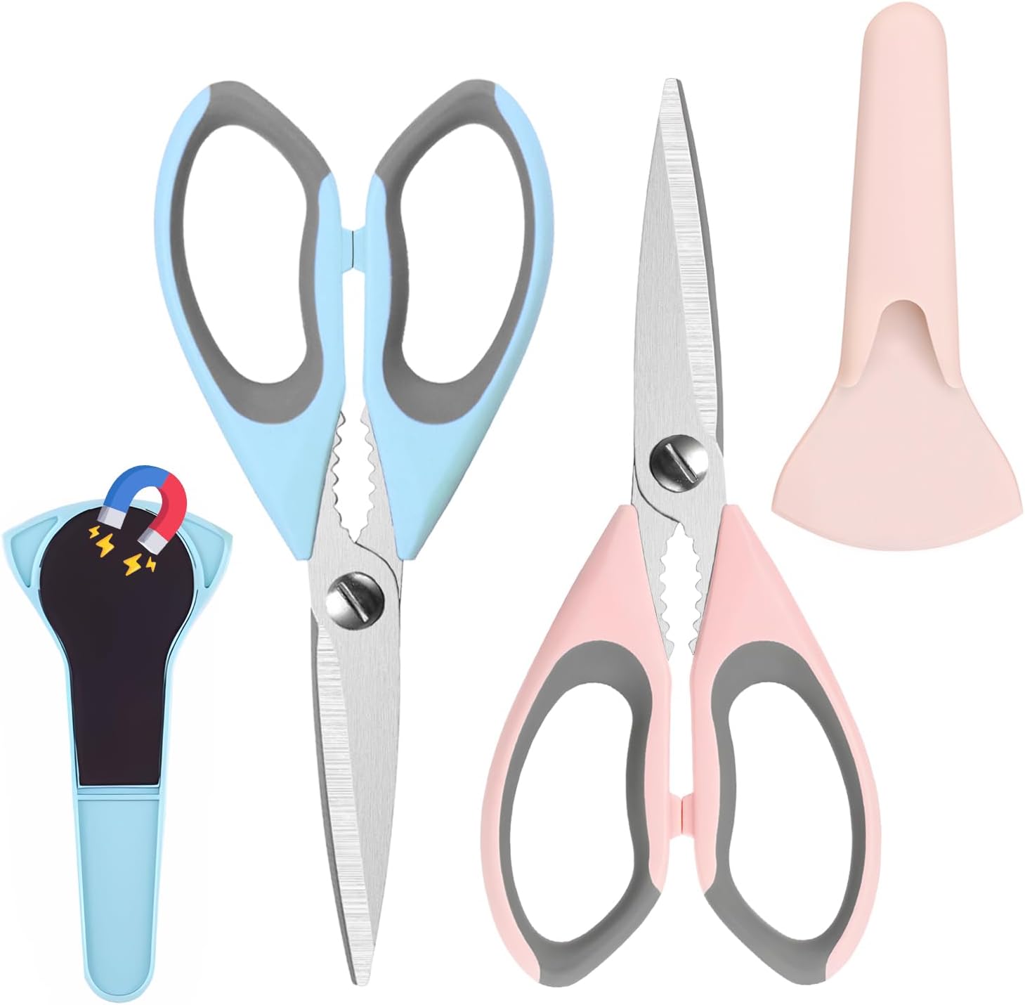 2 Pack Kitchen Heavy Duty Scissors with Magnetic Holder,Dishwasher Safe Shears for Kitchen,BBQ,Stainless Steel Scissor All Purpose,(Blue,Pink)