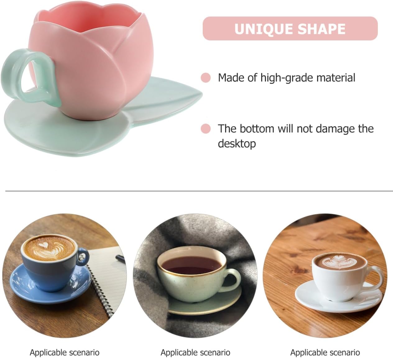 Luxshiny Ceramic Pink Tulip Coffee Mug with Handle, 10oz/300ml Tulip Shape Coffee Cup with Saucer for Tea Milk for Home Office (Pink)