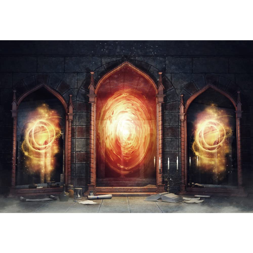 Aoihrraan 3x2,5m Magic Mirror Backdrop Dark Vintage Castle Grunge Brick Candles Magical Book Arch Door Photography Background Child Girls Boys Adults Artistic Personal Portrait Photo Studio Props