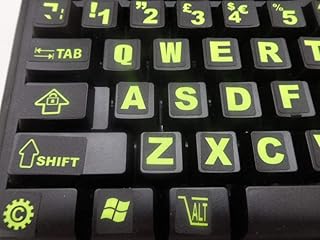 Fluorescent Keyboard Stickers. Commercial Grade Inlays (Not Printed Letters) Plus BLACK USB Light. Will Not Wear or Fade. XLarge Symbols Great for Sight Impaired. (U.K. English Keyboard)