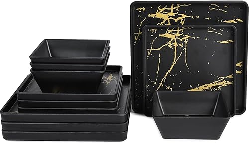 Juego de vajilla de melamina – 12 piezas de platos cuadrados y cuencos para 4, uso en interiores y exteriores, apto para lavavajillas, negro y