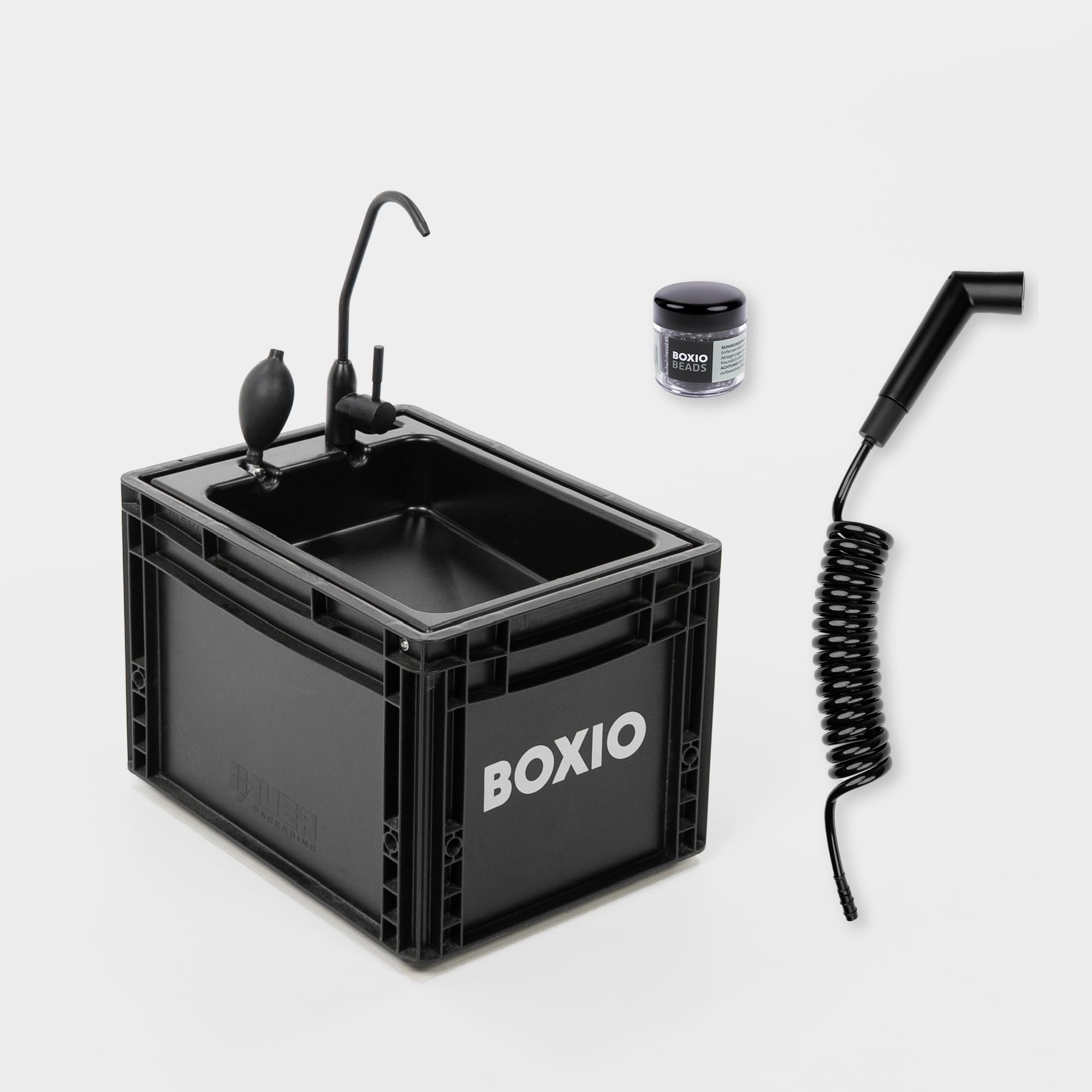 BOXIO - WASH Plus: Mobile Sink with Hand Pump, Shower Head, Mirror & Cleaning Beads - Van, Camping, Garden Sink with Tap, Plastic, Black