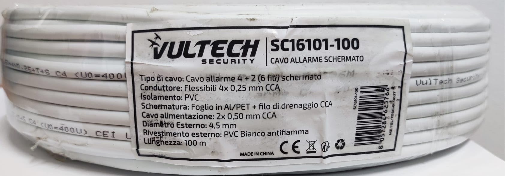 Cavo Cavi Allarme Bobina 6 Fili 4X0,22+2X0,50 mm 4+2 Matassa da 100 metri CCA Schermato Professionale Certificato Anti Propagazione in caso di Incendio