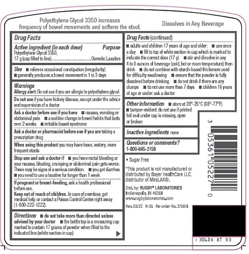 Rugby Polyethylene Glycol (Peg) 3350 Osmotic Laxative Sugar-Free Unflavored Grit Free Powder 8.3 Oz - 14 Once-Daily Doses #TOP2