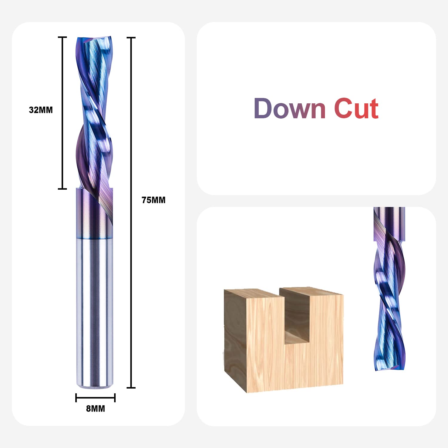 SpeTool Spiralnutfräser 8mm Schaft Downcut 32mm Schnittlänge Nutfräser Spiralfräser mit SPE-X Beschichtung VHM Schaftfräser CNC Fräser für Oberfräse Router Bit 2 Flöten Holzfräser Langlochfräser Holz